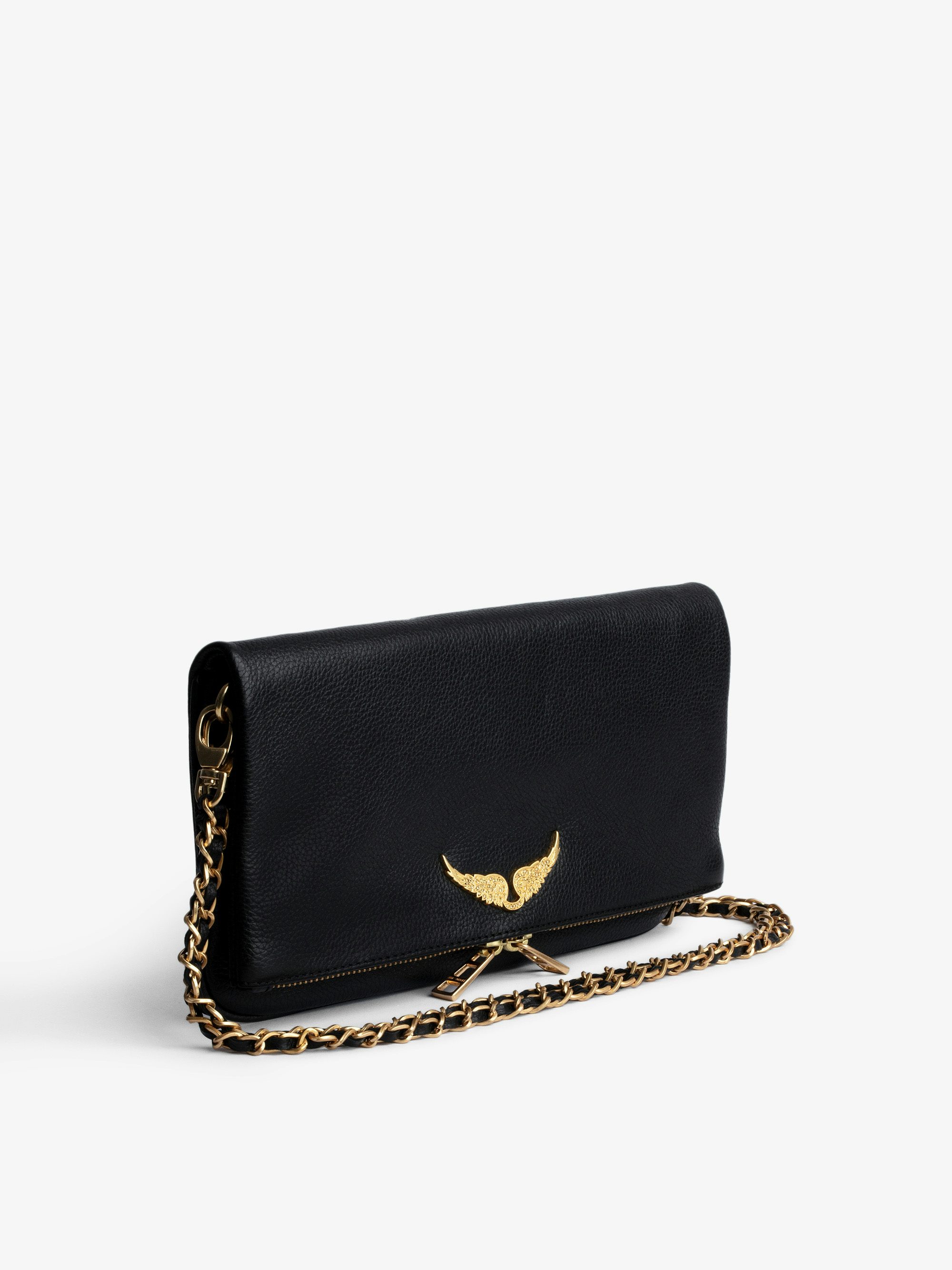 Rock Clutch - Grained leather clutch with double leather and metal chains and rhinestone-adorned wings.
